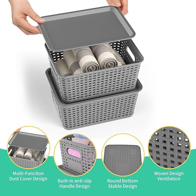 8-Pack Grey Plastic Storage Baskets with Lids, Label Organizers, Stackable Organizer Containers: For Organizing Shelves, Draw