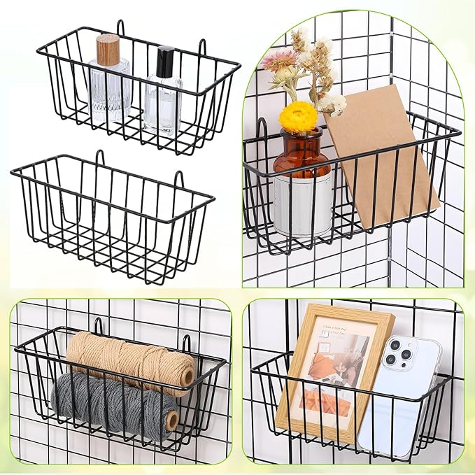 10 PCS Hanging Wire Baskets for Organizing - Hanging Metal Basket Storage with Wall Grid Panel, Rust-Resistant Iron for Kitch