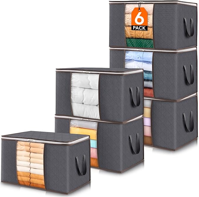 Lifewit 6 Pack Clothes Storage Bins with Lids, Foldable Blanket Storage Bags with Zippers, Clear Window and Reinforced Handle