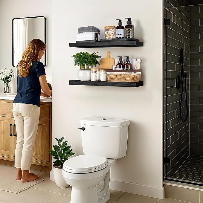 BGMG Wood Floating Shelves for Wall 24 inch,Black Floating Shelves,Solid Wood Wall Mount Shelves for Bathroom Living Room Bed