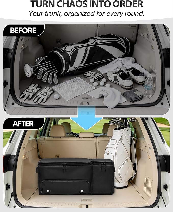 Golf Trunk Organizer with Built-in Hard Frame & Insulated Cooler Compartment, Ventilated Shoe Storage for 2 Pairs(Up to Mens U