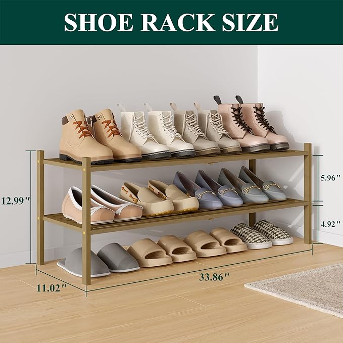 Smiry Long Bamboo Shoe Rack 2-Tier, Stackable Wooden Shoe Organizer for Entryway & Closet, Free Standing Wood Shoe Storage Sh
