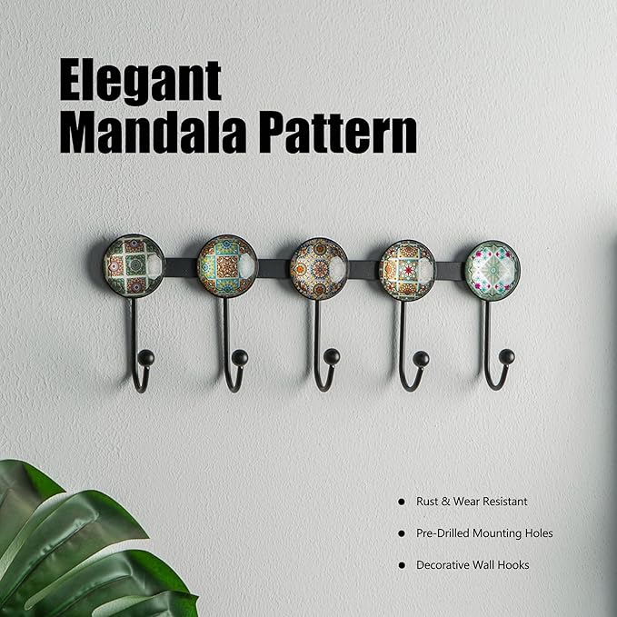 Boho Coat Rack Wall Mounted with 5 Hooks, Forest Theme Mandala Pattern Decorative Wall Hooks for Hanging Hat, Key, Towel, Pur