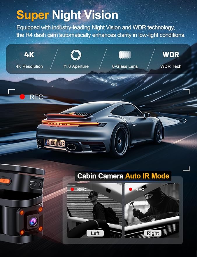 360° View 4K 4 Channel Dash Cam Front and Rear Inside Left Right, Built-in GPS, 5.8GHz WiFi, Car Dash Camera for Cars with Ap