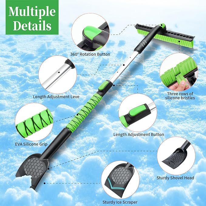45.6" Ice Scraper and Snow Brush for Car Windshield [Silicone Bristles] ,3-in-1 Extendable Emergency Snow Shovel with Ergonomic Foam Grip and 360° Pivoting Brush Head for Christmas, Car Auto Truck SUV