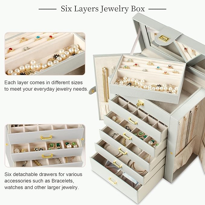 AKOZLIN Large Jewelry Box Organizer Functional with Big Mirror, Leather Jewelry Storage Case for Women Girls Ring Necklace Ea