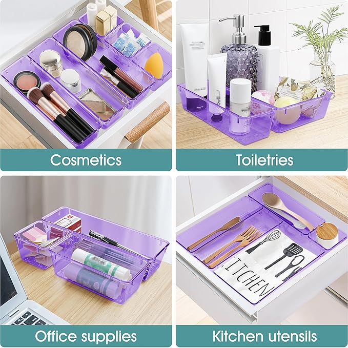 WOWBOX 25 PCS Plastic Drawer Organizer Set, Desk Drawer Divider Organizers and Storage Bins for Makeup, Jewelry, Gadgets for 