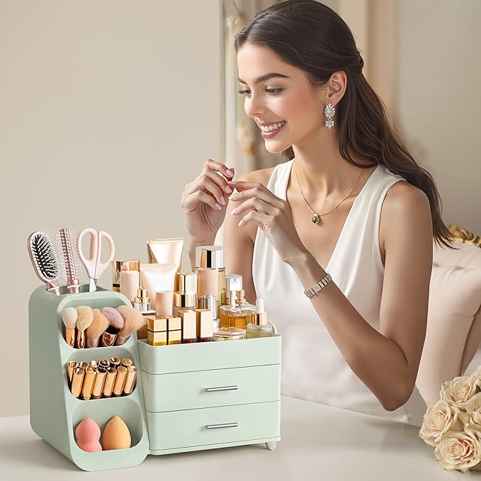 HBlife Makeup Organizer with Brush Holder for Vanity, Large Plastic Bathroom Countertop Organizer Skin Care Storage, Easy to 