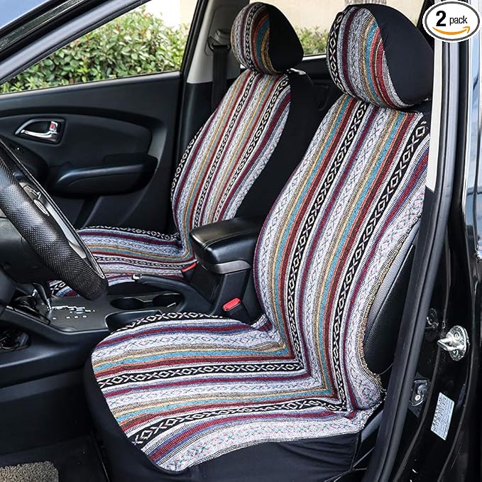 Car Seat Cover Baja Saddle Blanket 4PCS Front Striped Multicolor, Hippie Boho Seat Cover Universal Fit for Toyota, Honda, Nis