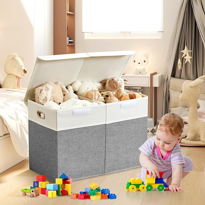 Large Toy Storage Box with Lid, Collapsible Toys Storage Organizer Bins with Dividers and Handles, Storage Chest Bin for Kids