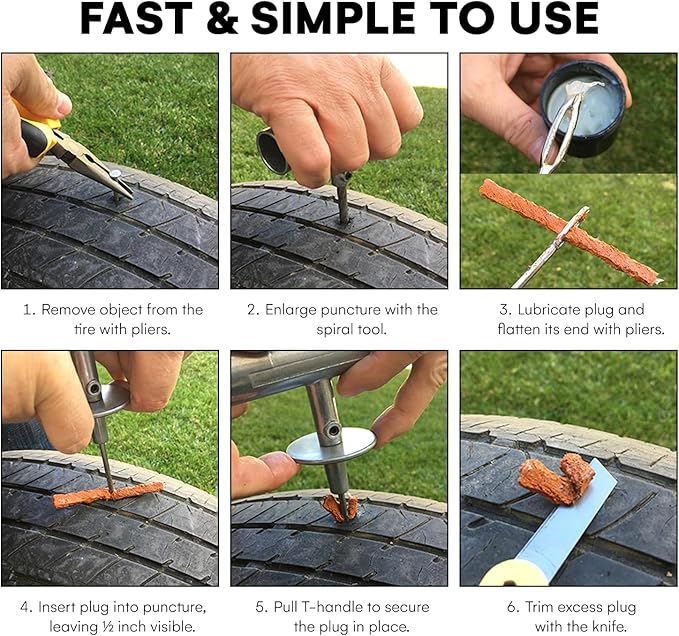 Tire Repair Kit by Boulder Tools - Heavy Duty Plug Kit for Cars, Trucks, Motorcycles, ATVs - Complete Flat Fix Automotive Tools Set with Storage Case, Valve Tool, Pliers, and Repair Plugs