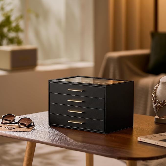 pickpiff Jewelry Box Organizer Case for Women: 4-Layer Jewelry Storage Case with Glass Window, Black Leather with Blush Velve