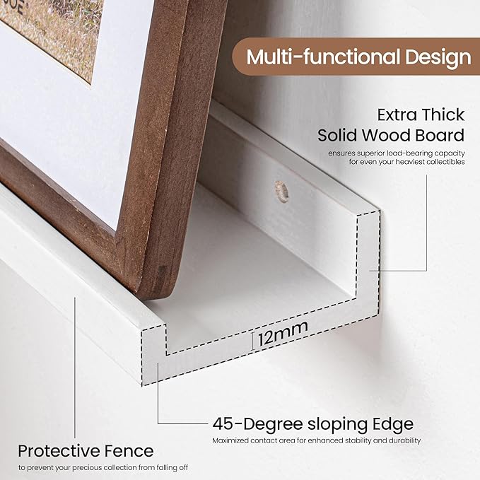 Fun Memories Picture Ledge Shelf, Solid Pine Wood Floating Shelves Set of 4, 16 Inches Nursery Book Shelves for Toys Storage,