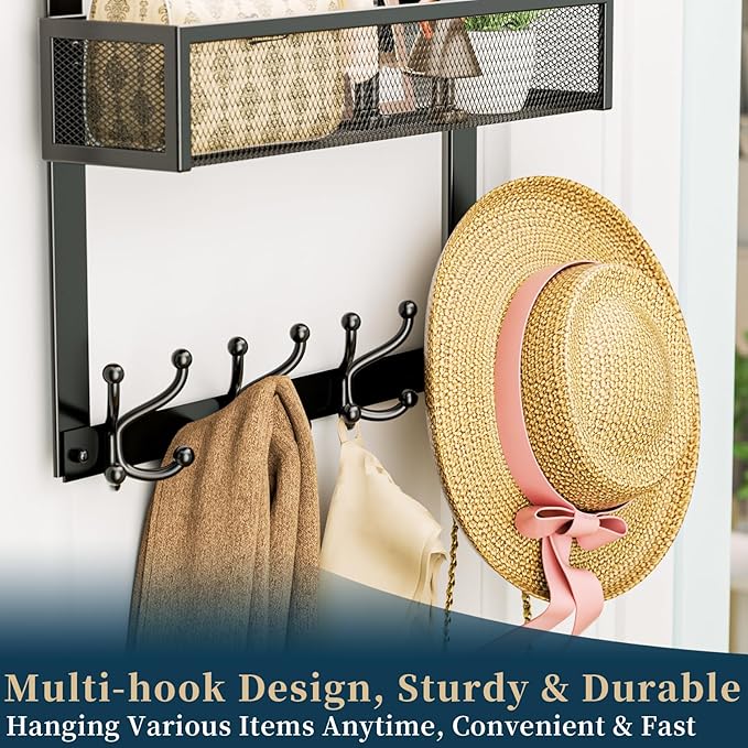 Consumest Over The Door Hooks Organizer - Over Door Hanger with 16 Hooks & 2 Baskets for Hanging Coat, Clothing, Towel, Back 