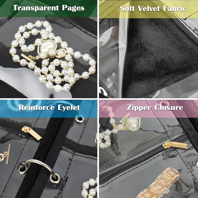 Travel Jewelry Organizer Case,Jewelry Bags for Traveling, Jewelry Binder with 24 Pcs Clear Zipper Velvet Pouches for Storing 