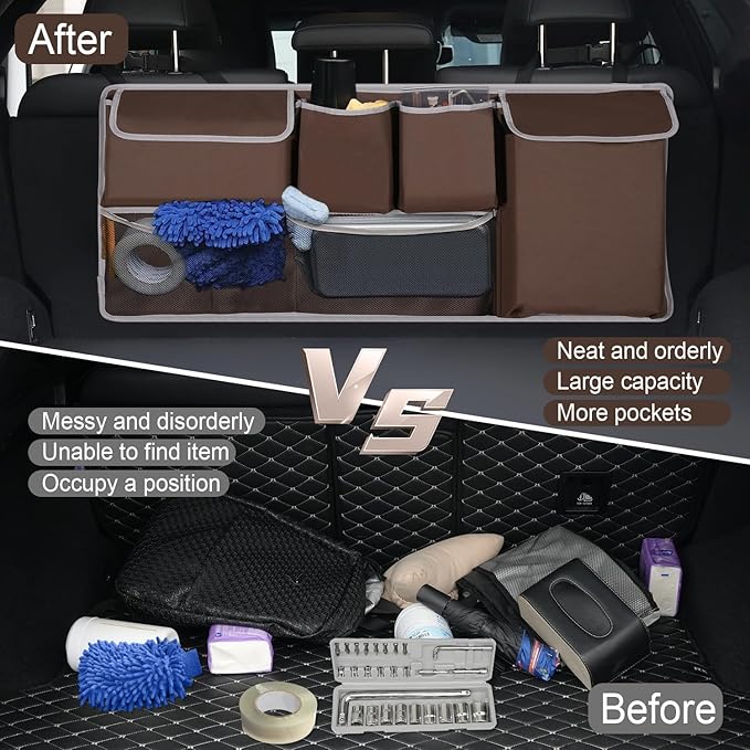 UYYE Trunk Hanging Organizer, Backseat Storage Bag, Collapsible Car Interior Accessories with 4 Pockets & 2 Mesh Pouches for