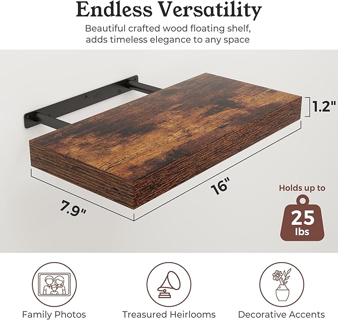 Floating Shelves for Wall, 7.9" Deep Wall Mounted Wood Shelves for Bathroom, Bedroom, Living Room, Kitchen, Hanging Shelf for