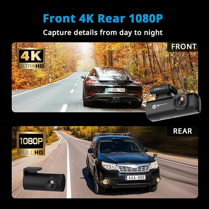 HP 4K+1080P Dash Cam, Front and Rear Dash Camera for Cars, 1.5" LCD Screen, 64GB Card, Night Vision with WDR, Support Parking