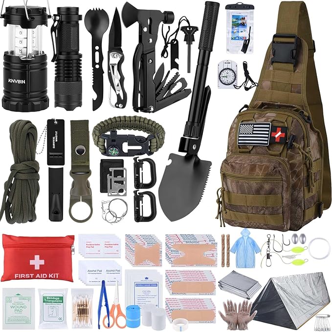 Survival Kit, 250pcs Survival Tools Tactical Gear and Trauma Bag, Survival First Aid Kit with Molle Crossbody Bag & Emergency