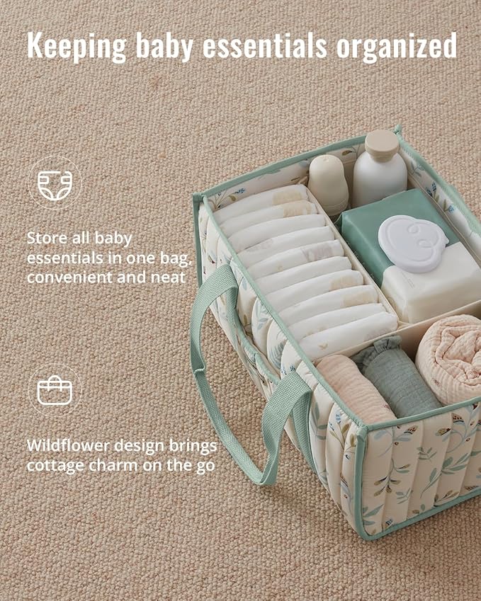 Blissful Diary Leaf Diaper Caddy Organizer, Stylish Nursery Storage Basket, Gift for Baby Shower, Newborn Essentials, Sage Le