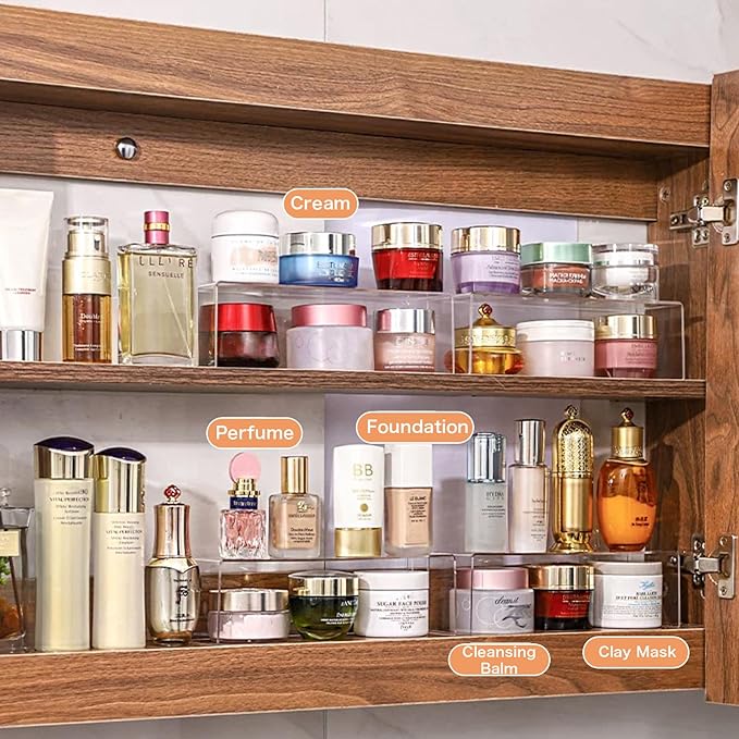 2 Pack Acrylic Medicine Cabinet Organizer, Narrow Bathroom Mirrior Cabinet Storage Shleves, Clear Acrylic Risers for Vanity, 