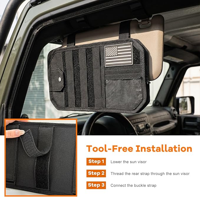 Molle Car Sun Visor Organizer, Auto Semi-Rigid MOLLE Panel Police Gear Holder w/Zipper Pocket & Sunglasses Clip, Universal Tactical Panel Visor Organizer for Cars SUVs Trucks