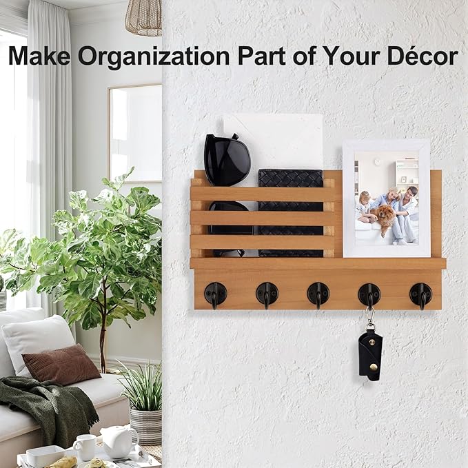 Lwenki Key Holder for Wall – Decorative Wooden Mail Holder and Key Shelf with Mounting Hardware, Installation Guide – Paulown