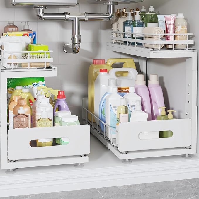 Under Sink Organizer Upgrade To Professional Rails,2-Tier Dual Pull Out Cabinet Storage,Height Adjustable Slide Out Drawers F