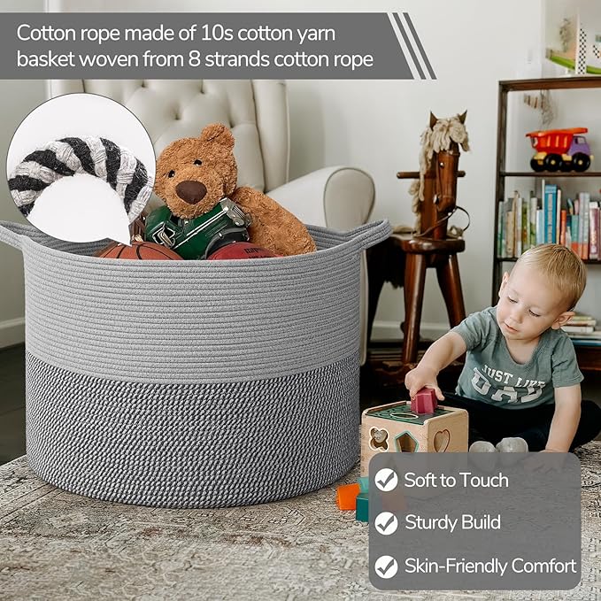 INDRESSME 115L Extra Large Blanket Basket, Cotton Rope Basket for Nursery Living Room, Decorative Woven Storage Baskets with 
