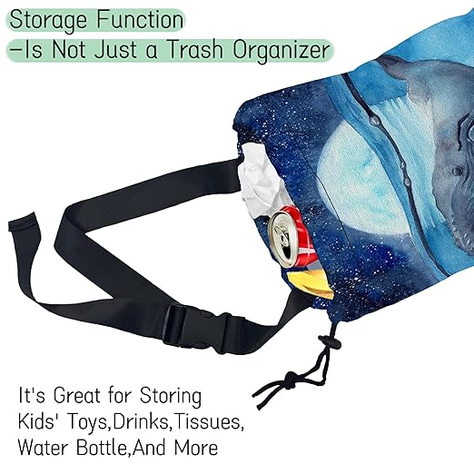Watercolor Blue Whale Car Garbage Bag,Moon Starry Night Waterproof Small Car Trash Bag Hanging Back of Seat,Drawstring Hanging Car Trash Bag with Adjustable Buckle for Car Accessories