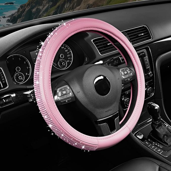 Road Comforts Bling Steering Wheel Cover – Pink Diamond Design, Universal Fit 14.5-15 Inch, Microfiber Leather, Anti-Slip & B