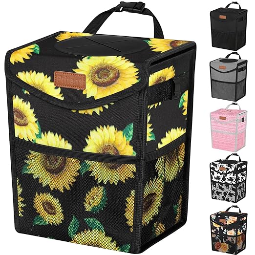 Car Trash Can with Lid, Cute Leakproof Car Trash Garbage Bag Hanging Vehicle Trash Bin Small Portable Automotive Garbage Cans Organizer for Back/Front Seat/Console(2.8 Gallons,Sunflower)