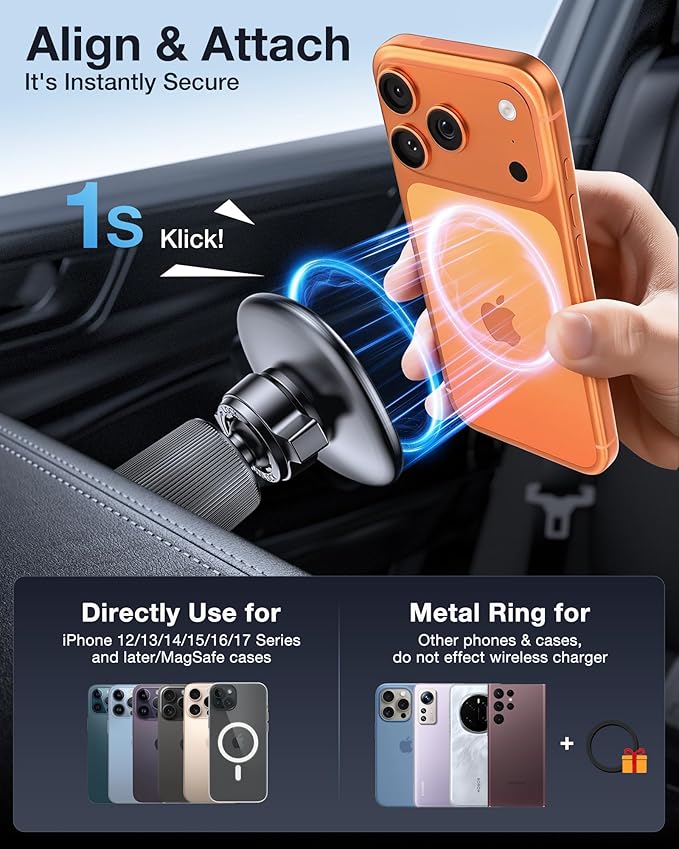 Miracase for MagSafe Car Mount with Metal Hook Clip, Magnetic Phone Holders for Car Phone Holder, Compatible with Garmin GPS Fit iPhone Android and All Smartphones, Dark Black