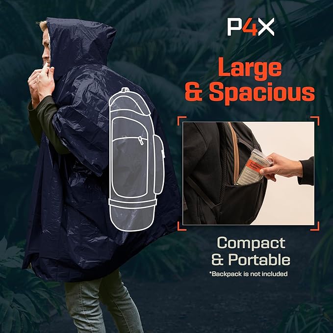 PREPARED4X Emergency Mylar Poncho – Survival Rain Poncho with Hood – Lightweight, Compact, Reusable Emergency Blanket Poncho 
