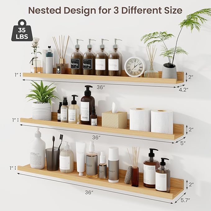 Axeman 36 Inch Floating Shelves, Oak, Wall Mounted, 3 Shelves, Easy Assembly, 22 lbs Capacity