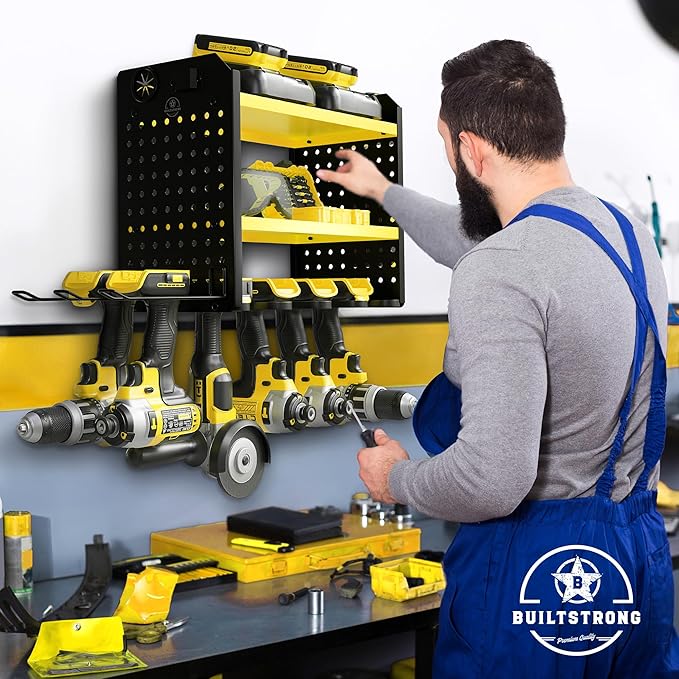BUILTSTRONG Power Tool Organizer - 6 Drill Holder Wall Mount, 3 Tier Heavy-Duty Hand Storage Rack, Utility Racks, 2 Pegboard 