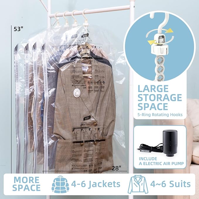 Hanging Vacuum Storage Bags with Electric Pump, 4 Pack (53 x27.5 inch), Vacuum Seal Bags for Clothing, Garment Storage for Sh