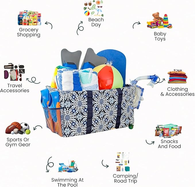 Extra Large Utility Tote Bag - Oversized Collapsible Reusable Wire Frame Rectangular Canvas Basket With Two Exterior Pockets For Beach, Pool, Laundry, Car Trunk, Storage - Blue Snowflake