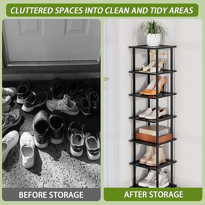 Vertical Tall Shoe Rack Organizer for Entryway -7 Tier Free Standing Slim Narrow Bamboo Wood Corner Stackable Shoe Boots Stor
