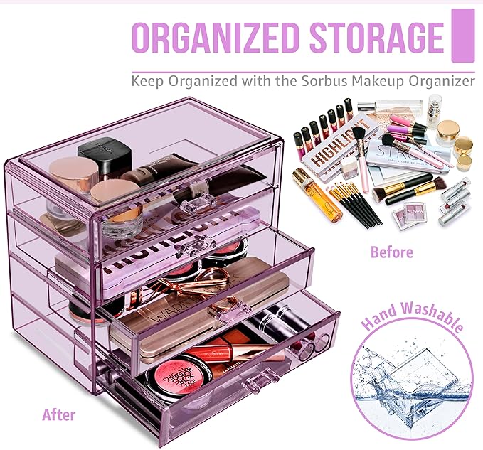 Sorbus Makeup Organizer - 4 Drawer Acrylic Make Up Organizers and Storage for Cosmetics, Jewelry, Beauty Supplies, Clear Make