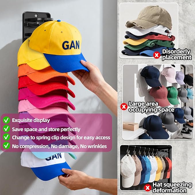 Spring Clip Hat Organizer for Baseball Caps – 2 Pack, Wall Hat Rack for Door & Closet – Keeps 20 Hats Tidy in Entryway, Dorm,
