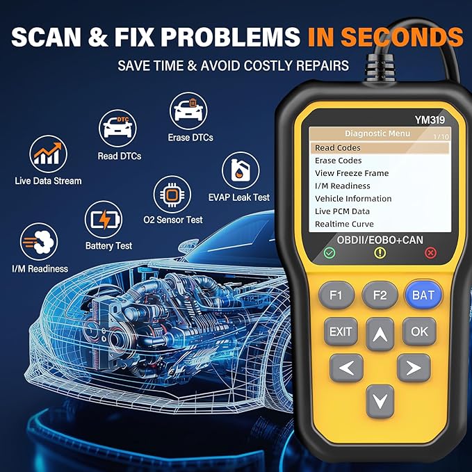 BluSon YM319 OBD2 Scanner Diagnostic Tool with Battery Tester, Check Engine Fault Code Reader with Live Data, Cloud Printing,