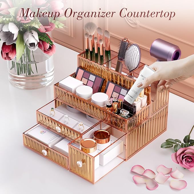 Makeup Organizer Golden- Tempered Glass Vanity Organizer for Cosmetics, Skincare, Hair Tools, Brushes, Perfume - Multipurpose
