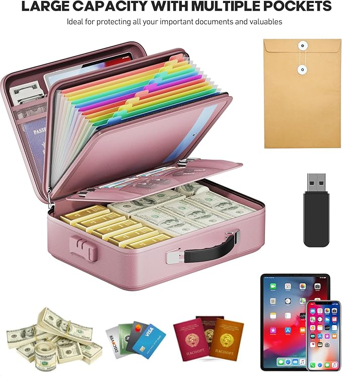 Fireproof Document Box, Hard Case Highly Flame-Resistant Fire Proof Waterproof File Organizer with Lock, Portable Fire Safe f