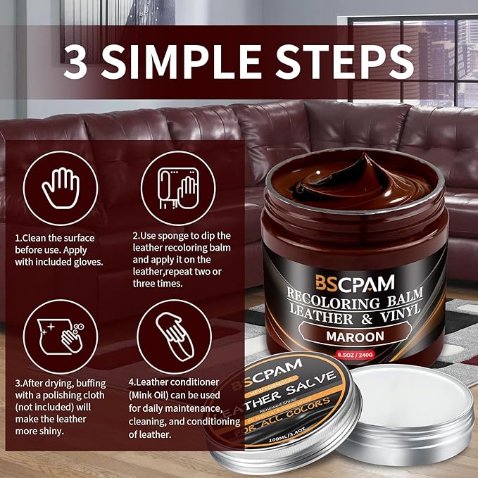 Maroon Leather Recoloring Balm with 100ml Mink Oil,Leather Couch Scratch Remover,Leather Repair kit for Vinyl Furniture and C