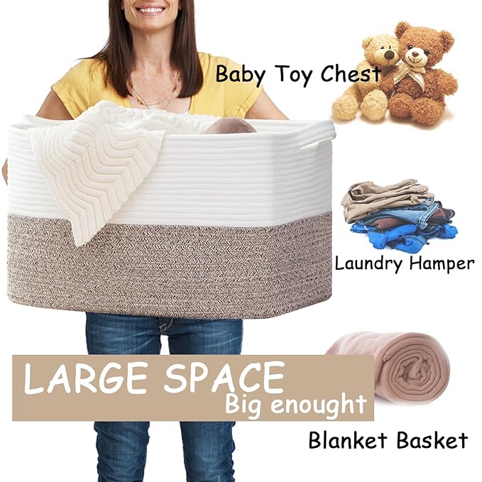 COMFY-HOMI Large Laundry for Organizing|Rectangle Cotton Rope Storage with Handles|Blanket for Living Room|Woven Laundry for 