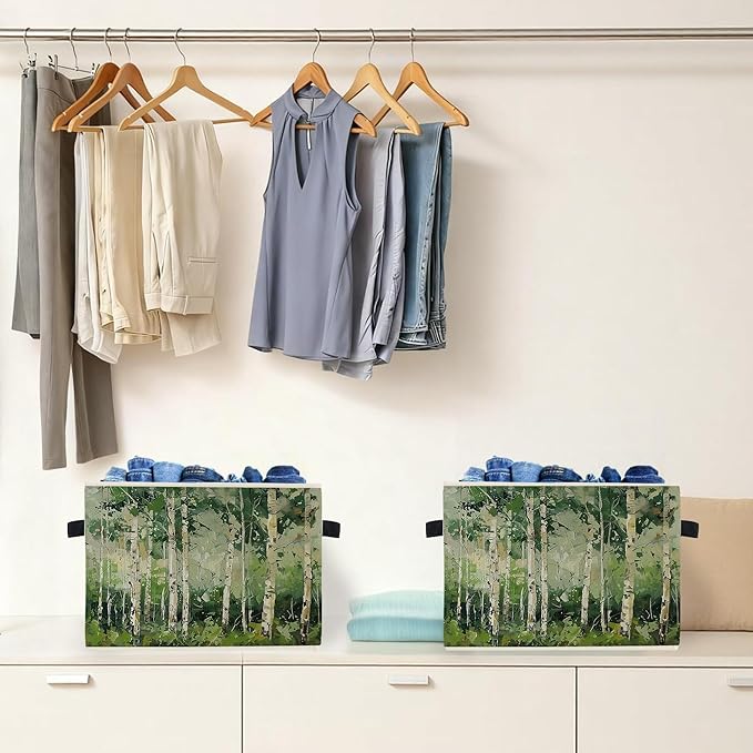 Modern Abstract Birch Tree Storage Box Bins, Green Forest Nature Landscape Collapsible Storage Basket Organizer for Bedroom L