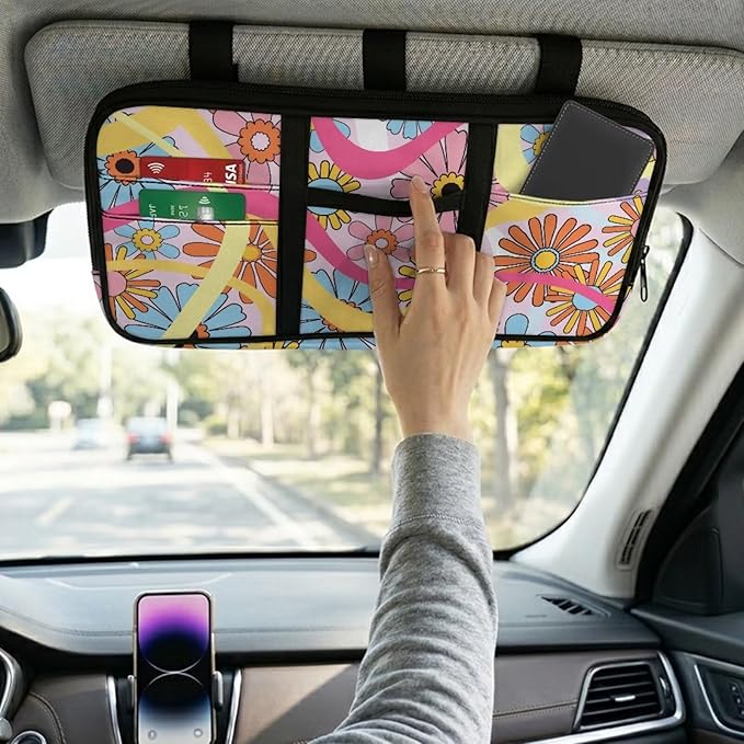 Tactical Sun Visor Organizer,Hippie Flower Style Scratch-Resistant Auto Interior Accessories Car Essentials Tool Pack Multi-Pocket for Universal Most Vehicles