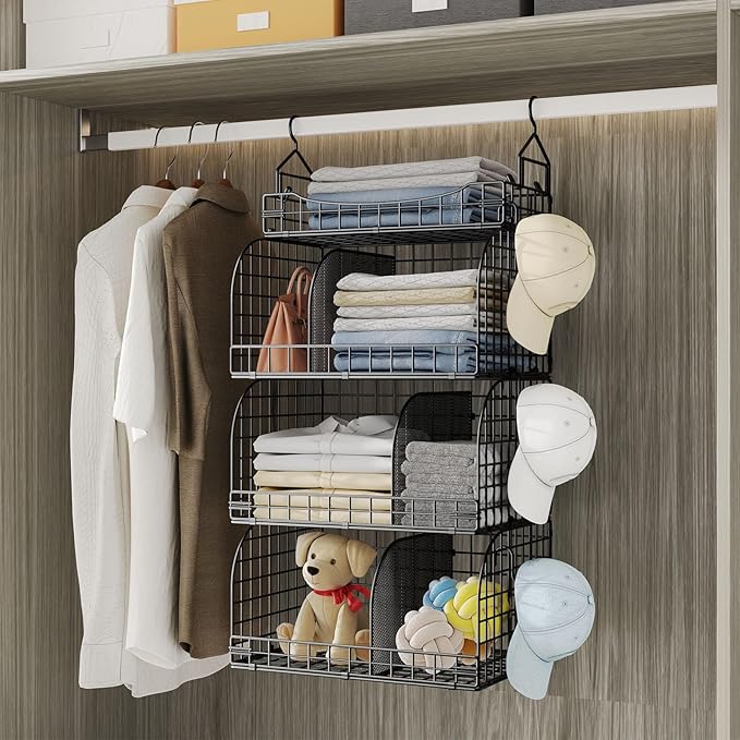 HapiRm Hanging Closet Organizer Storage - 4 Tier Metal Stackable Hanging Closet Shelves with Dividers and S Hooks, Foldable C