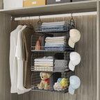 HapiRm Hanging Closet Organizer Storage - 4 Tier Metal Stackable Hanging Closet Shelves with Dividers and S Hooks, Foldable C